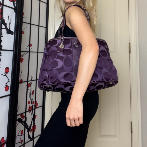 Vintage Coach Signature Dark Plum Purple Stripe Carryall Tote Shoulder-Bag Purse - Picture 3 of 11